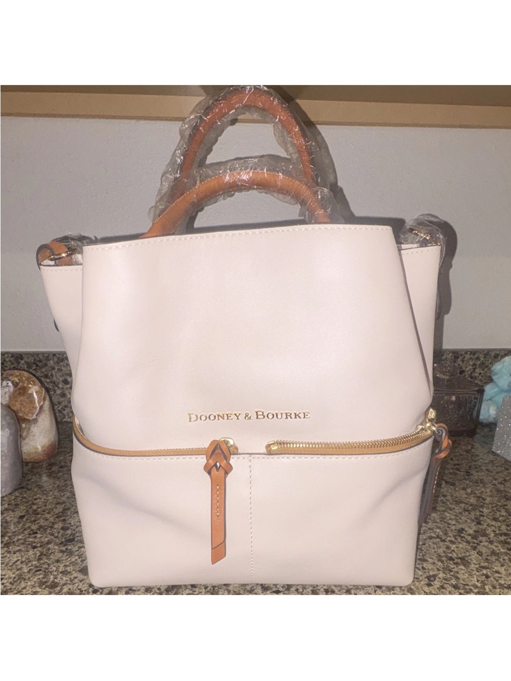 Dooney & Bourke Cream Leather Satchel with Tan Trim